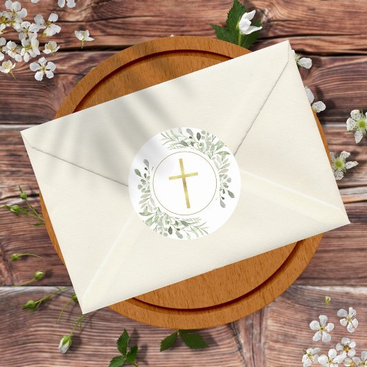 シンプルなゴールドクロスと水彩のグリーン ラウンドシール