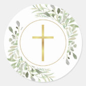 シンプルなゴールドクロスと水彩のグリーン ラウンドシール (正面)