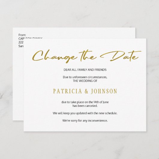 シンプルなゴールドグリッター結婚式の日程変更 案内ポストカード (正面/裏面)