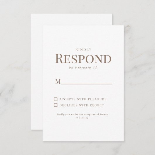 シンプルなゴールドテキスト 白い結婚式 RSVP (正面/裏面)