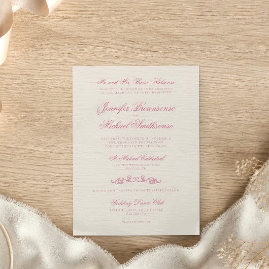 シンプルなシグネチャーフォントのベージュピンクの結婚式 招待状