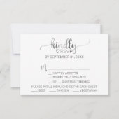 シンプルなシルバーのカリグラフィー メニュー オプションの返信カード (裏面)