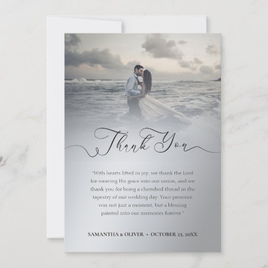 シンプルなシルバーの結婚式のお礼カード（写真付き） サンキューカード (正面)