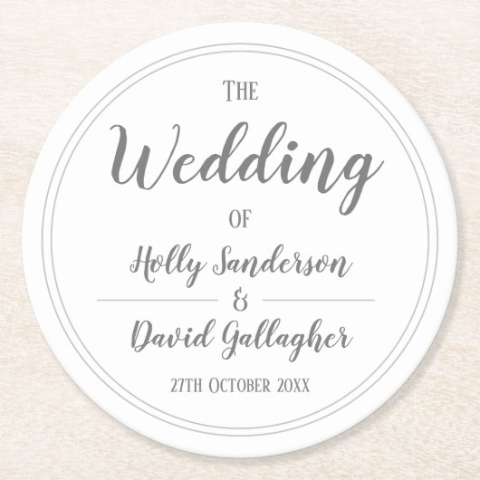 シンプルなシルバーグレーとホワイトのデザイン ラウンドペーパーコースター (正面)