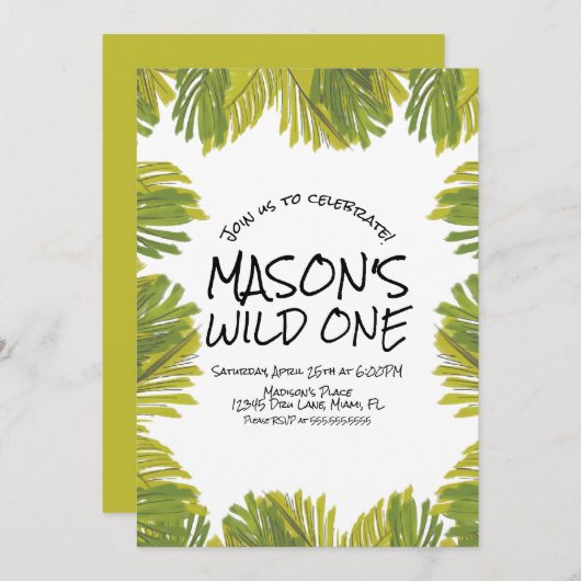 シンプルなジャングルの緑の手描き ゾウパーティー 招待状 (正面/裏面)