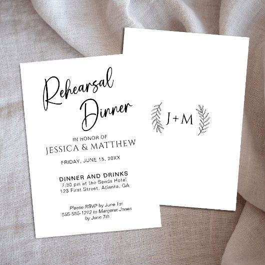シンプルなスクリプティ ブラック＆ホワイト リハーサル ディナー 招待状