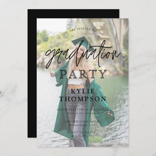 シンプルなスクリプトカリグラフィー写真オーバーレイ卒業 招待状 (正面/裏面)
