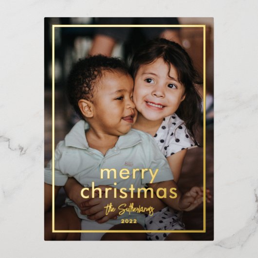 シンプルなスクリプト名 ミニマル写真 クリスマス ゴールド 箔シーズンポストカード (正面)