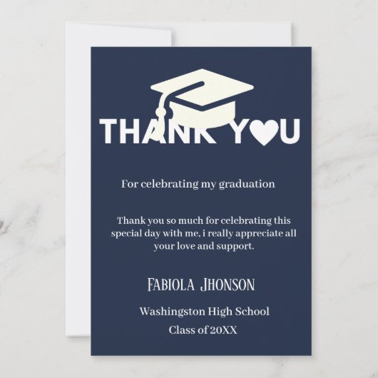 シンプルなスクリプト ネイビーブルーの卒業お礼カード 招待状 (裏面)