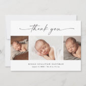 シンプルなスクリプト フォト コラージュ ベイビー サンキューカード (正面)