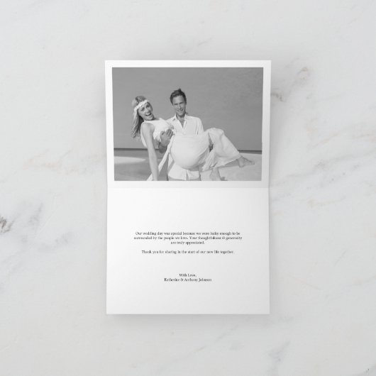 シンプルなスタイリッシュ原稿の結婚式の写真カード感謝していしています サンキューカード (内部)