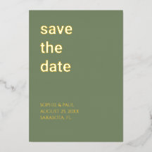 シンプルなセージグリーンのフォイルSave the Date 招待状