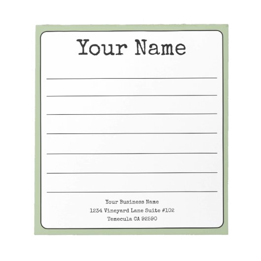 シンプルなセージグリーンのレトロなデザインにあなたのお名前を入れた罫線入りノート ノートパッド (正面)