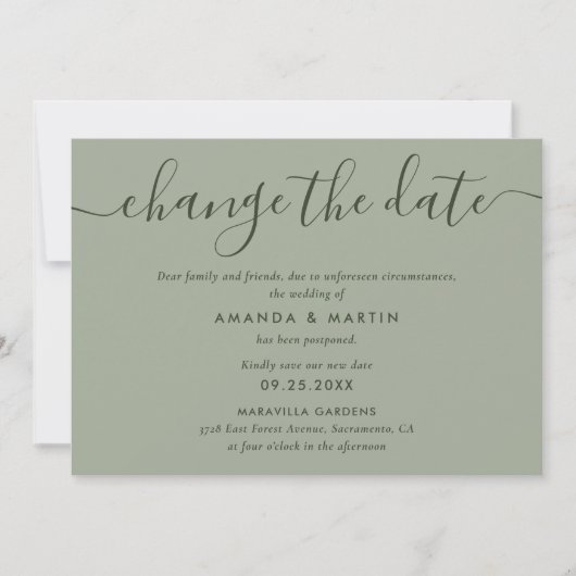 シンプルなセージグリーンの日程変更延期カード 案内状 (正面)