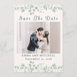 シンプルなセージグリーンの植物を基調としたミニマルなウェディング セーブザデート