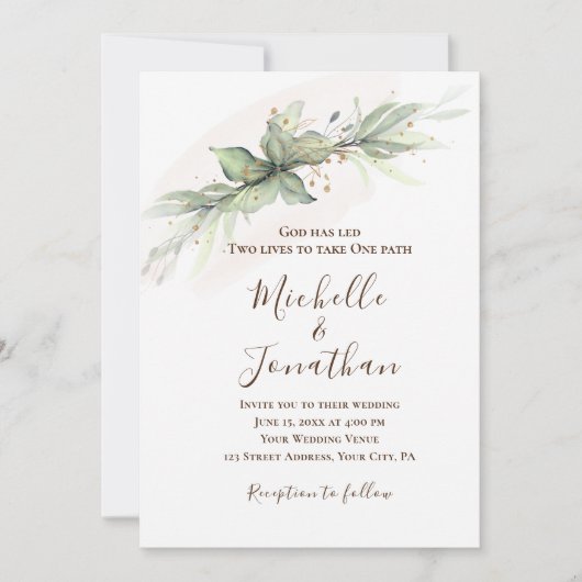 シンプルなセージグリーンゴールドの花のクリスチャンウェディング 招待状 (正面)