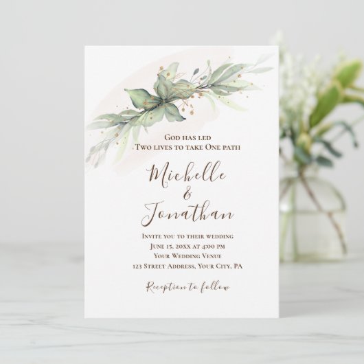 シンプルなセージグリーンゴールドの花のクリスチャンウェディング 招待状 (スタンド正面)