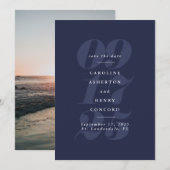 シンプルなタイプの大きな日付 ネイビーブルー セーブザデート (正面/裏面)