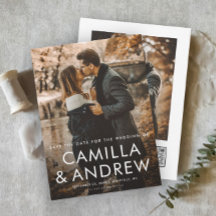 シンプルなタイポグラフィックQRコードと2つの写真の結婚式