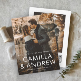 シンプルなタイポグラフィックQRコードと2つの写真の結婚式 セーブザデート