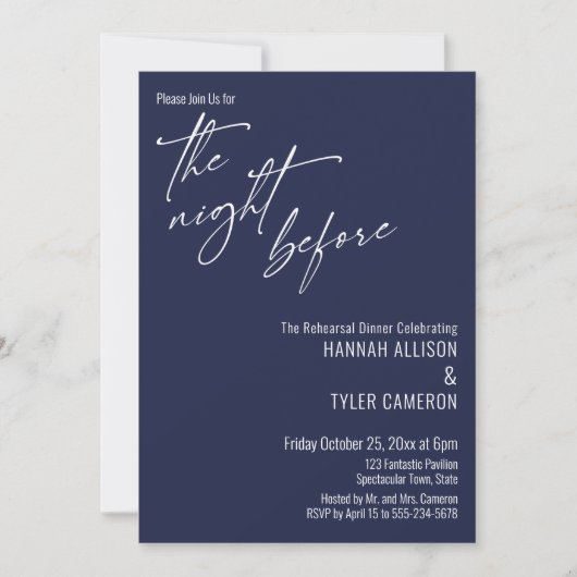 シンプルなタイポグラフィ ネイビーブルーの「The Night Before」 招待状 (正面)