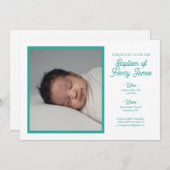 シンプルなターコイズブルーの洗礼招待状(写真付き) セーブザデート (正面/裏面)