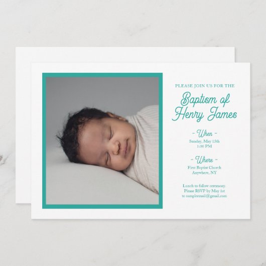 シンプルなターコイズブルーの洗礼招待状（写真付き） セーブザデート (正面/裏面)