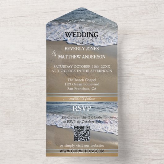 シンプルなダスティーブルーのサンディビーチウェディング オールインワン招待状 (内側)