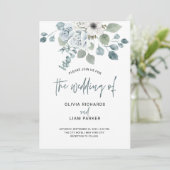 シンプルなダスティーブルーの花とユーカリのウェディング 招待状 (スタンド正面)