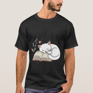 シンプルなデザインで本が好きなかわいい猫 Tシャツ
