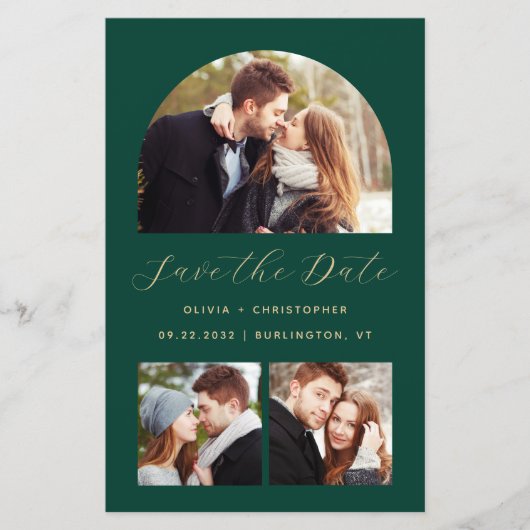 シンプルなデザインの「Save the Date」カード - 緑の背景に3枚の写真 (正面)