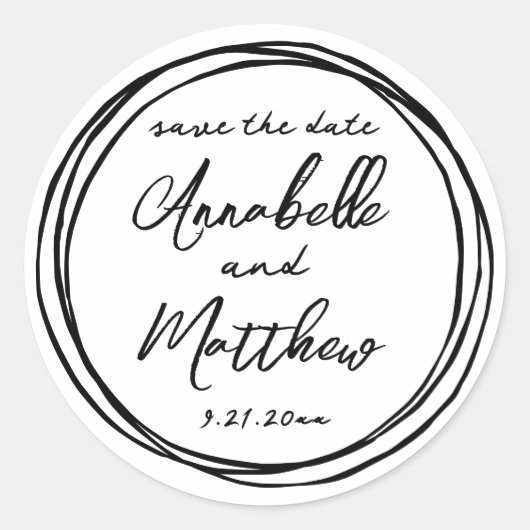 シンプルなトレンディーブラック&ホワイトの名前Save The Date ラウンドシール (正面)