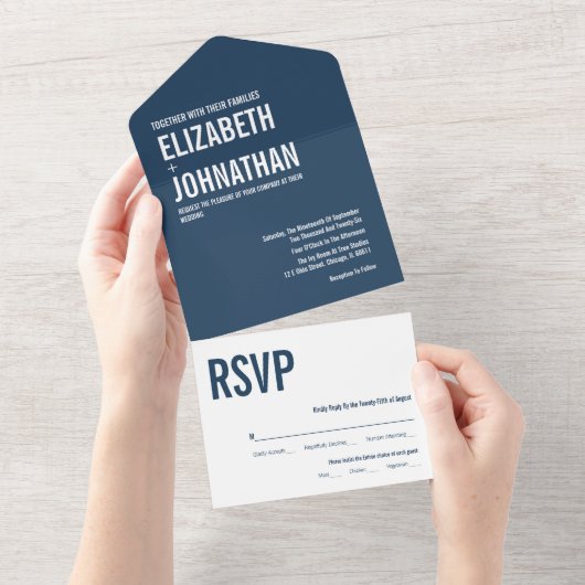 シンプルなネイビーのタイポグラフィー結婚式 オールインワン招待状 (貼ってはがせる)