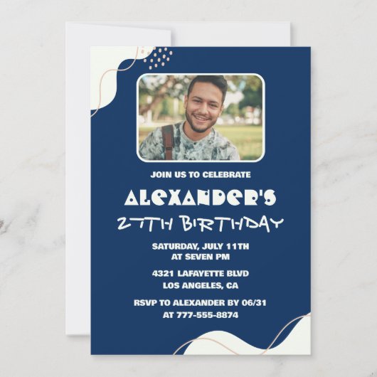シンプルなネイビーの男性向け27歳の誕生日記念写真招待状 招待状 (正面)
