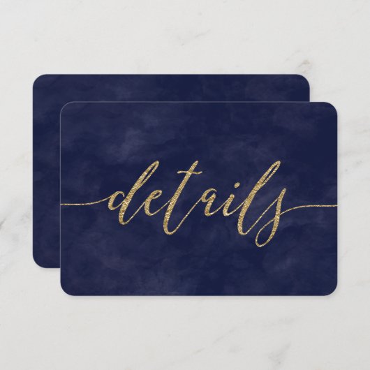 シンプルなネイビーウォーターカラー＆ゴールドホイルの結婚式の詳細 招待状 (正面/裏面)