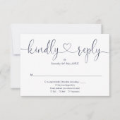 シンプルなネイビーブルーとホワイトのスクリプトハート ご返信お願いします 出欠カード (正面)