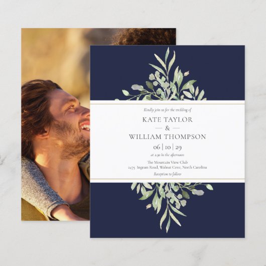 シンプルなネイビーブルーのグリーンウェディング写真招待状 (正面/裏面)