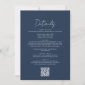 シンプルなネイビーブルーのボーダー付きスクリプトQRコード結婚式 招待状 (裏面)