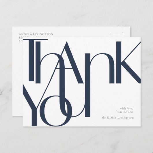 シンプルなネイビー白の事前住所宛ての感謝のポストカード ポストカード (正面/裏面)