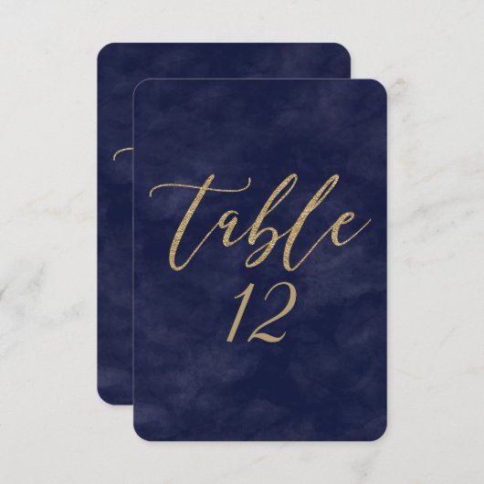 シンプルなネイビー ウォーターカラー & ゴールドの結婚式テーブルナンバー 招待状 (正面/裏面)