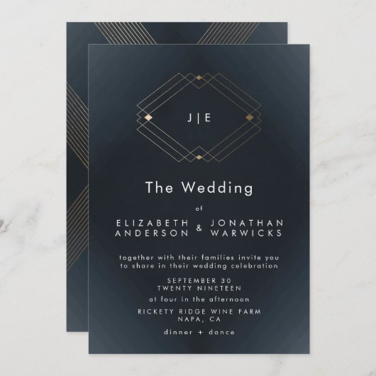 シンプルなネイビー モダン幾何学 ゴールドの結婚式 招待状 (正面/裏面)