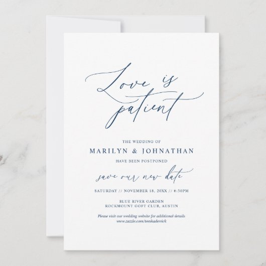 シンプルなネイビー、愛は忍耐強い、結婚式延期 招待状 (正面)