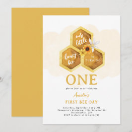 シンプルなハニカムひまわり蜂ファーストバースデー 招待状