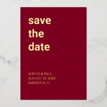 シンプルなバーガンディーの箔押しSave the Date 招待状