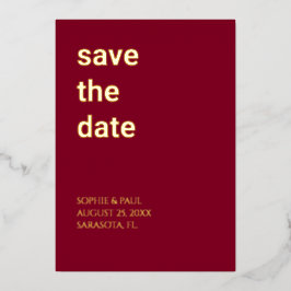 シンプルなバーガンディーの箔押しSave the Date 招待状