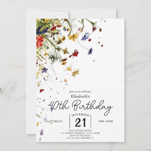 シンプルなパステル ワイルドフラワーズ 40歳の誕生日 招待状 (正面)
