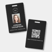 シンプルなビジネス ロゴ QR コード 従業員写真 黒 バッジ (正面&裏面)