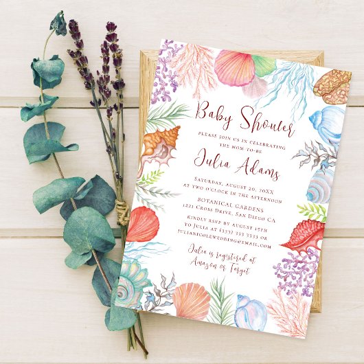 シンプルなビーチオーシャンシェルリースウェディング 招待状