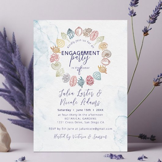 シンプルなビーチ シェルリースのエンゲージメントパーティー 招待状