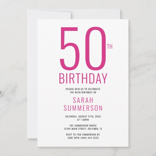 シンプルなピンクとホワイトの50歳の誕生日パーティー 招待状 (正面)